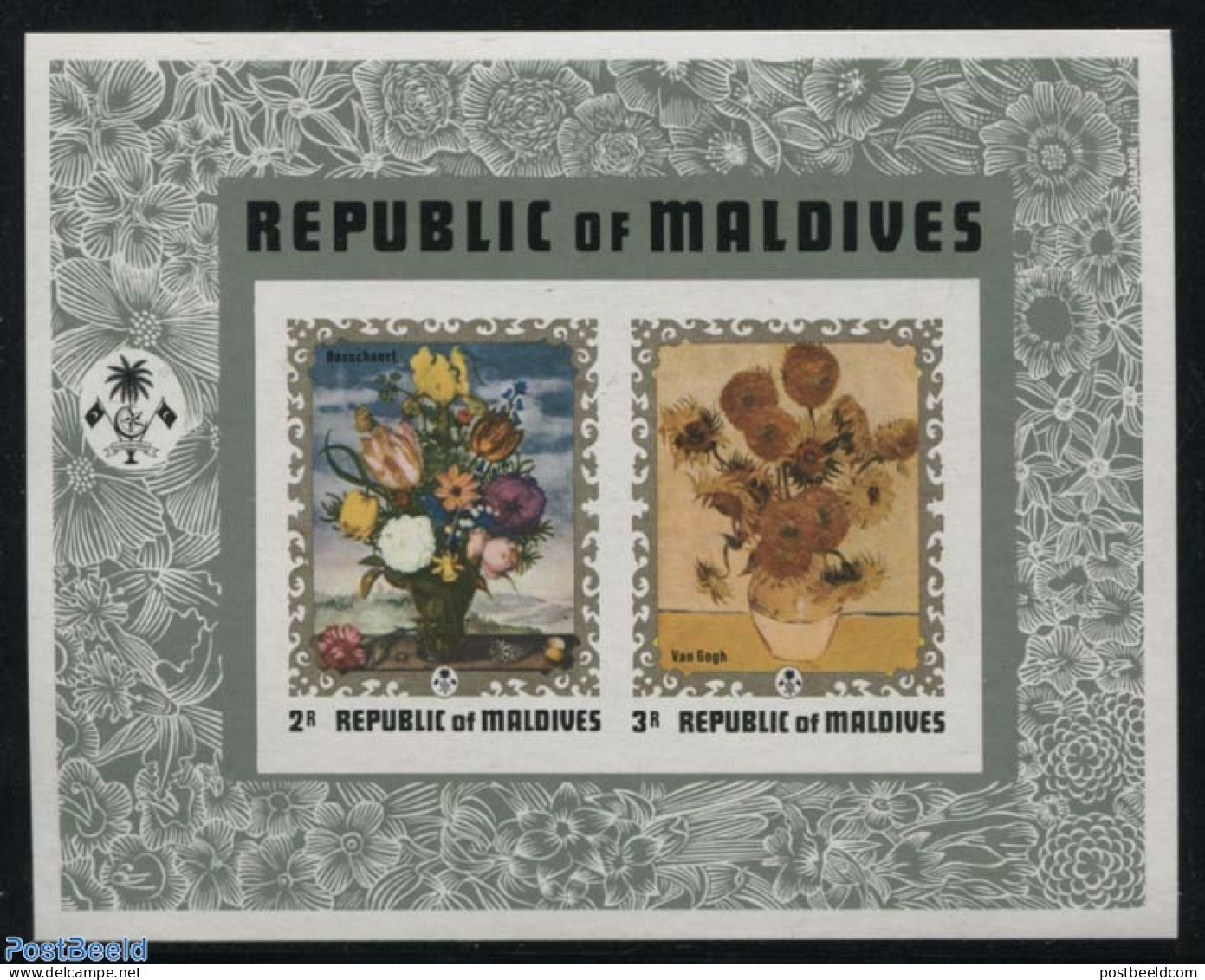 Maldives 1973 Flower Paintings S/s Imperforated, Mint NH, Nature - Flowers & Plants - Maldive (1965-...)