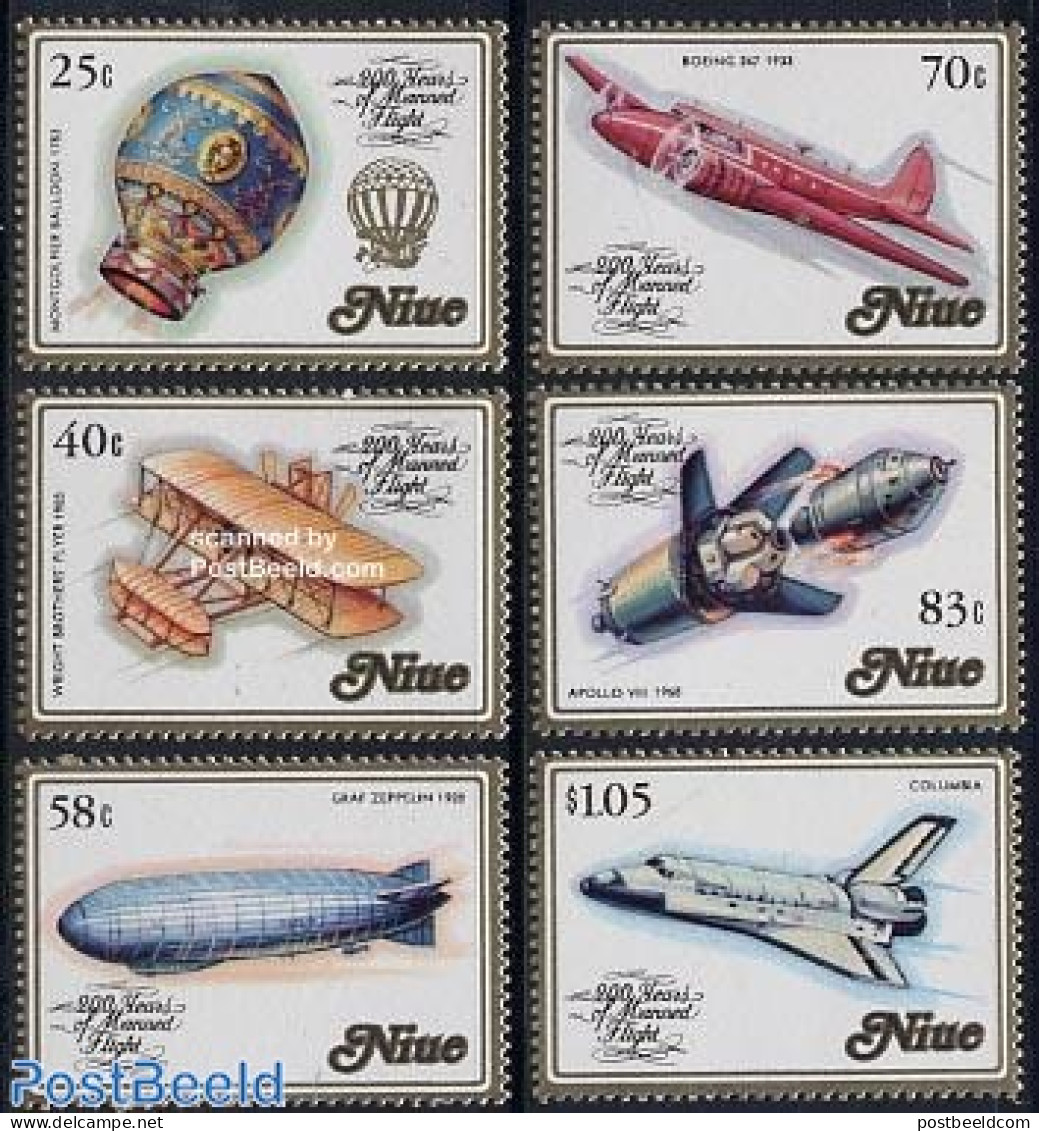 Niue 1983 Aviation Bicentenary 6v, Mint NH, Transport - Balloons - Aircraft & Aviation - Space Exploration - Zeppelins - Luchtballons