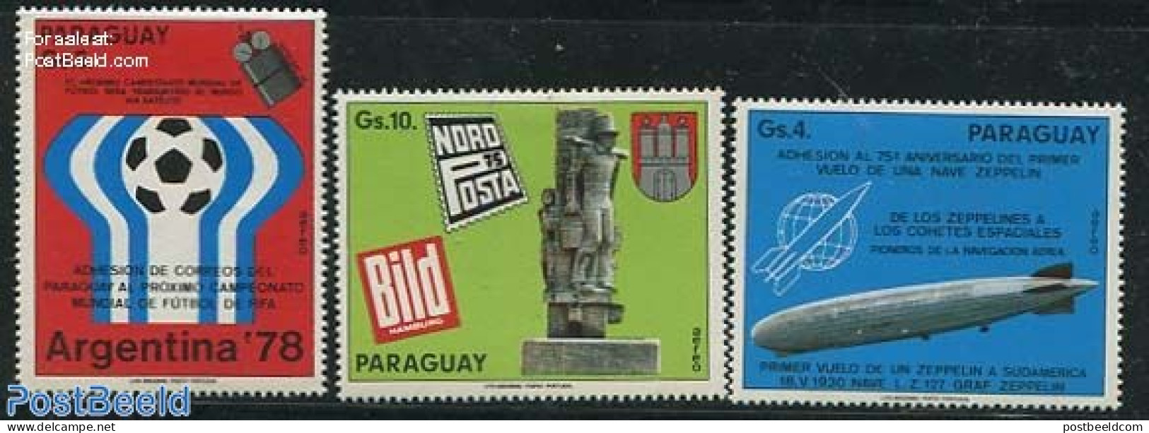 Paraguay 1975 Mixed Issue 3v, Mint NH, History - Sport - Transport - Newspapers & Journalism - Football - Philately - .. - Zeppelins