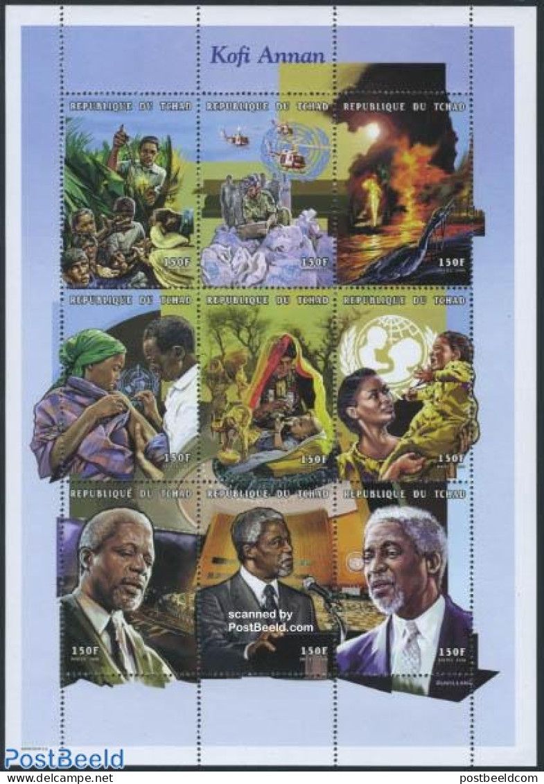 Chad 1998 Kofi Annan 9v M/s, Mint NH, Health - History - Food & Drink - Health - Nobel Prize Winners - United Nations - Autres & Non Classés