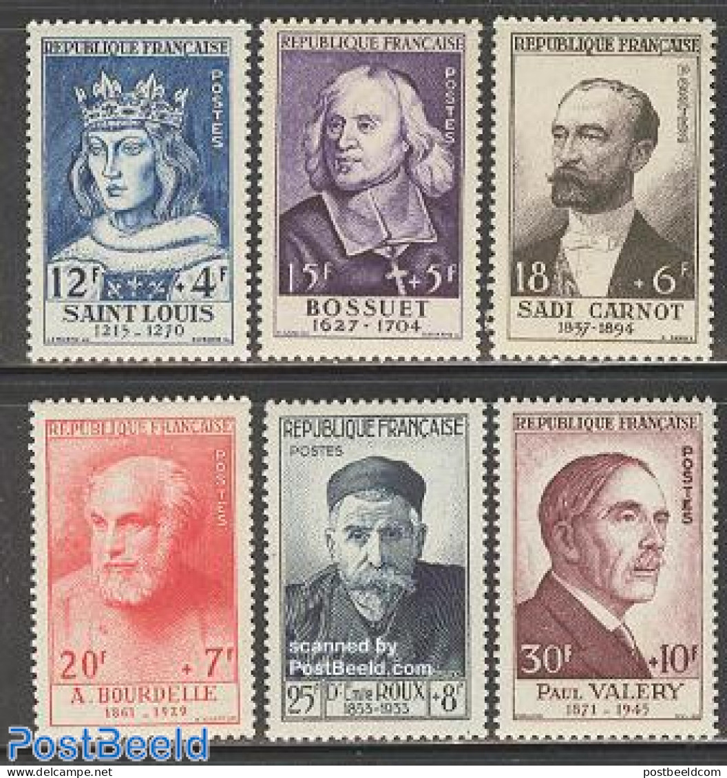 France 1954 Famous Persons 6v, Unused (hinged), Health - History - Religion - Health - Politicians - Religion - Art - .. - Unused Stamps