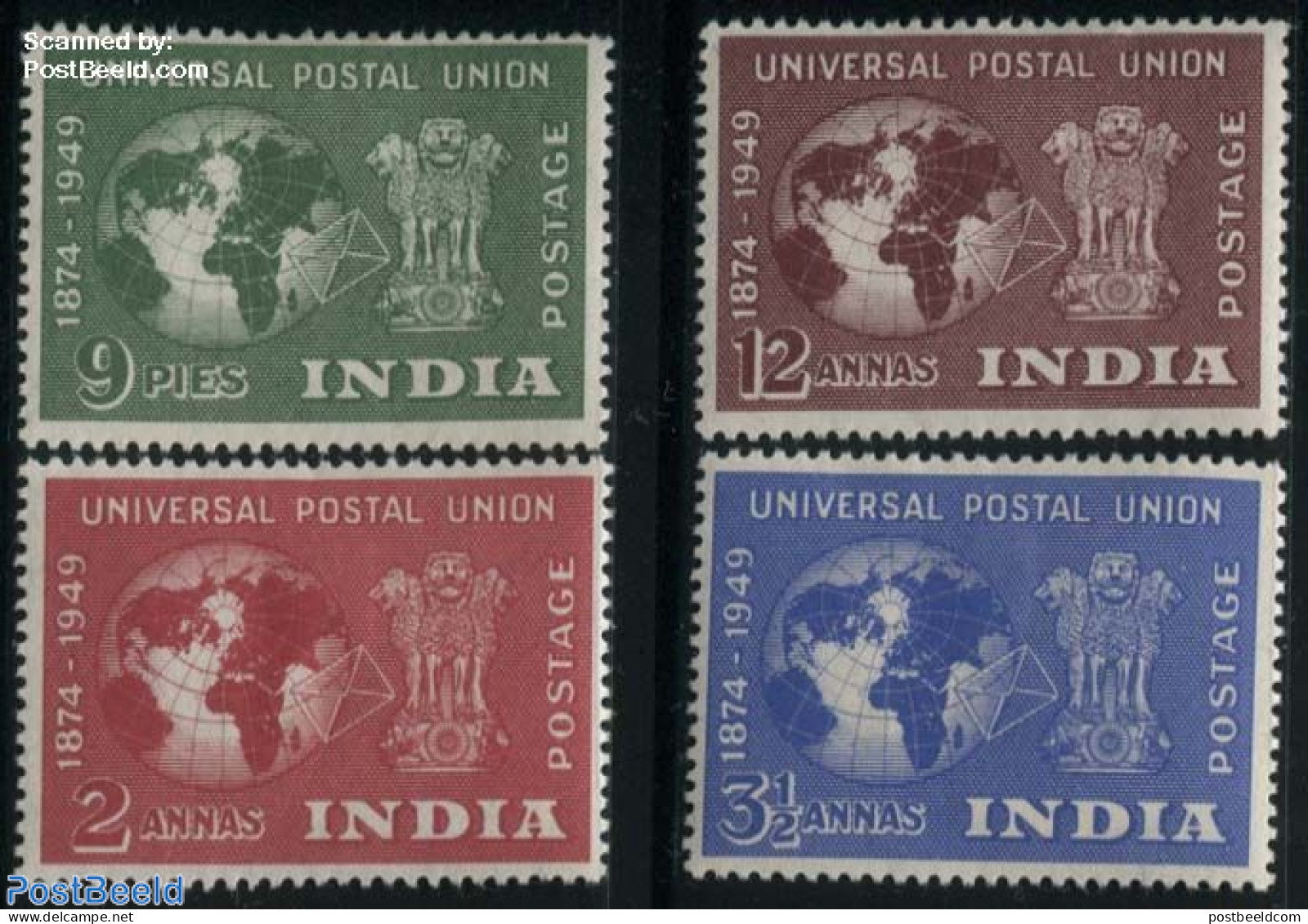 India 1949 75 Years UPU 4v, Unused (hinged), Various - U.P.U. - Globes - Maps - Nuovi