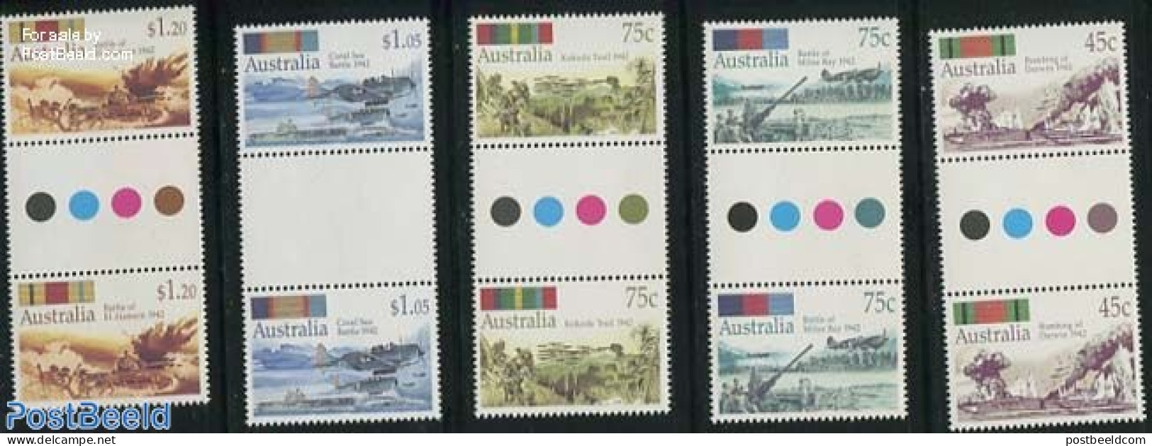 Australia 1992 World War II 5v, Gutter Pairs, Mint NH, History - Transport - Militarism - World War II - Aircraft & Av.. - Neufs