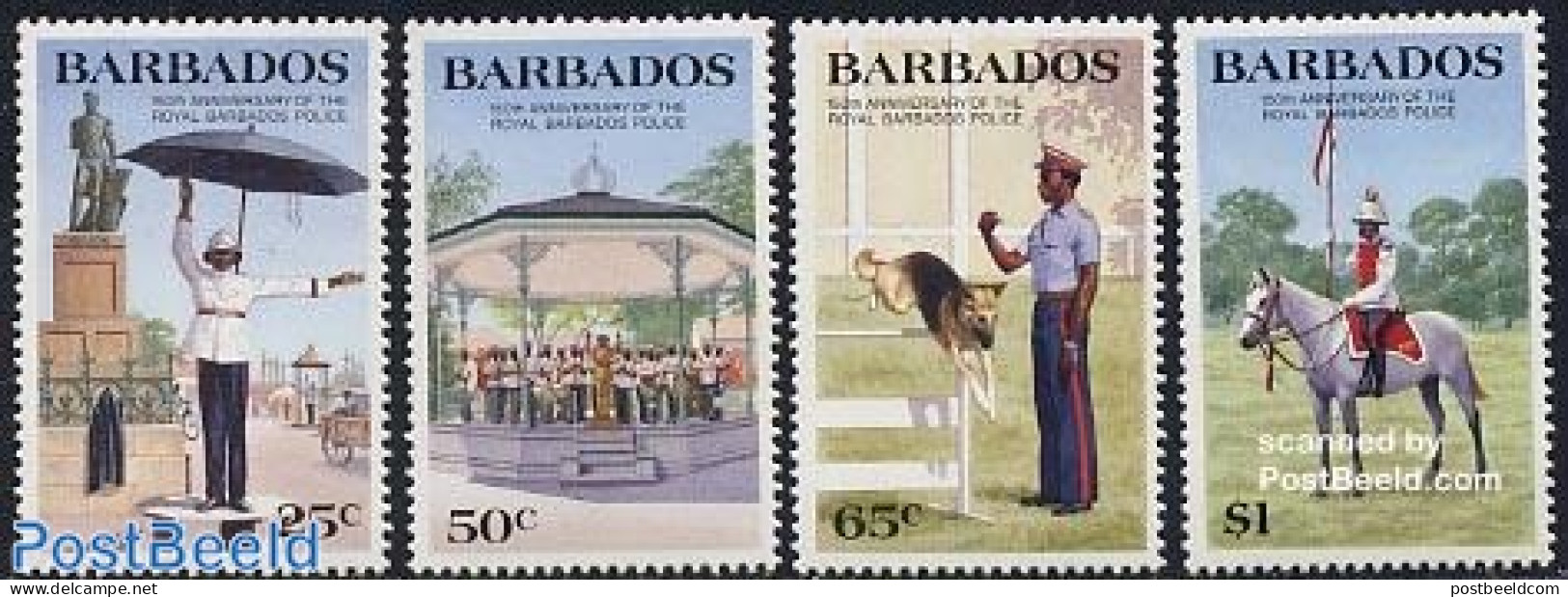 Barbados 1985 150 Years Police 4v, Mint NH, Nature - Various - Dogs - Horses - Police - Police - Gendarmerie