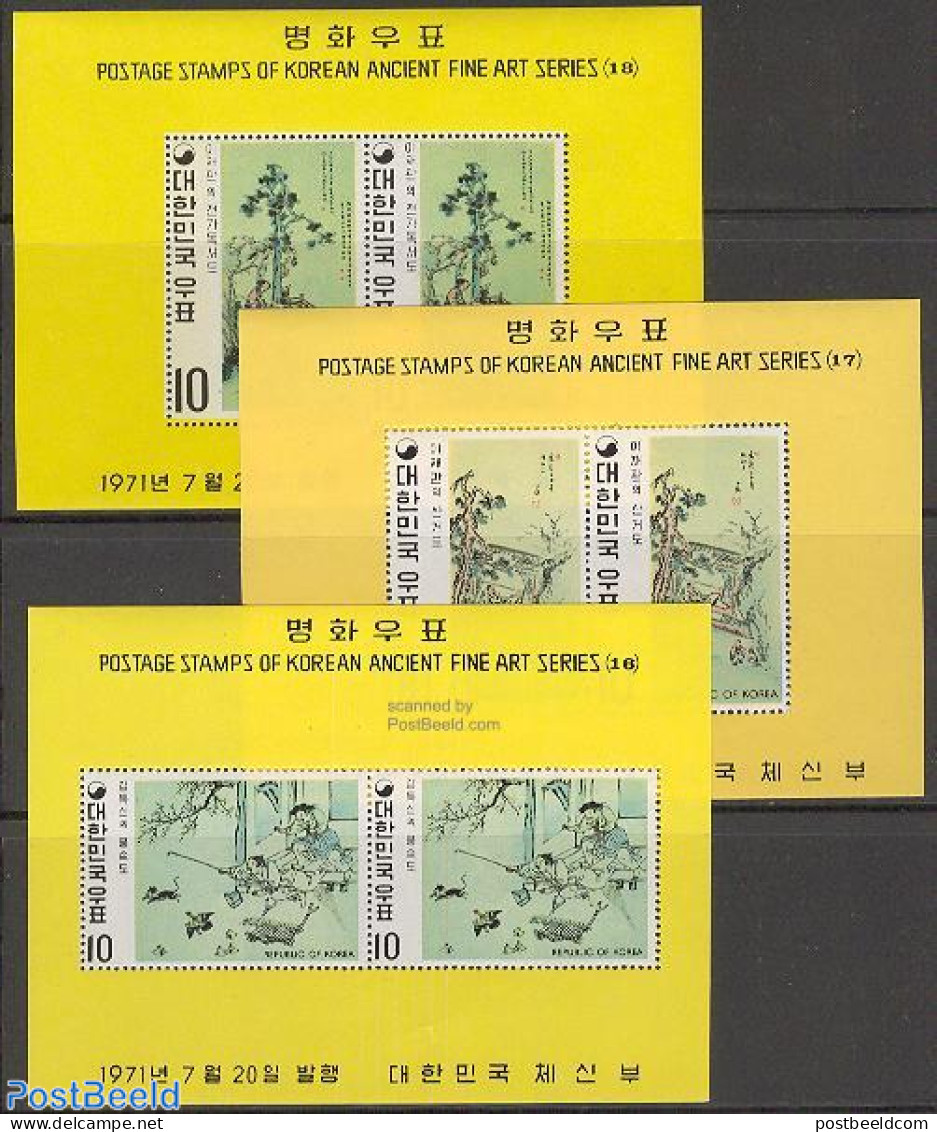 Korea, South 1971 Paintings 3 S/s, Mint NH, Nature - Cats - Poultry - Trees & Forests - Art - Paintings - Rotary, Lions Club