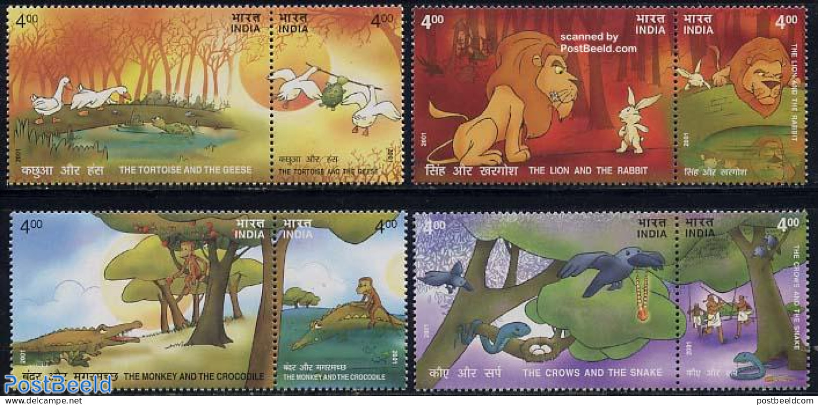 India 2001 Pancatantra 4x2v [:], Mint NH, Nature - Crocodiles - Monkeys - Turtles - Art - Children's Books Illustratio.. - Ongebruikt