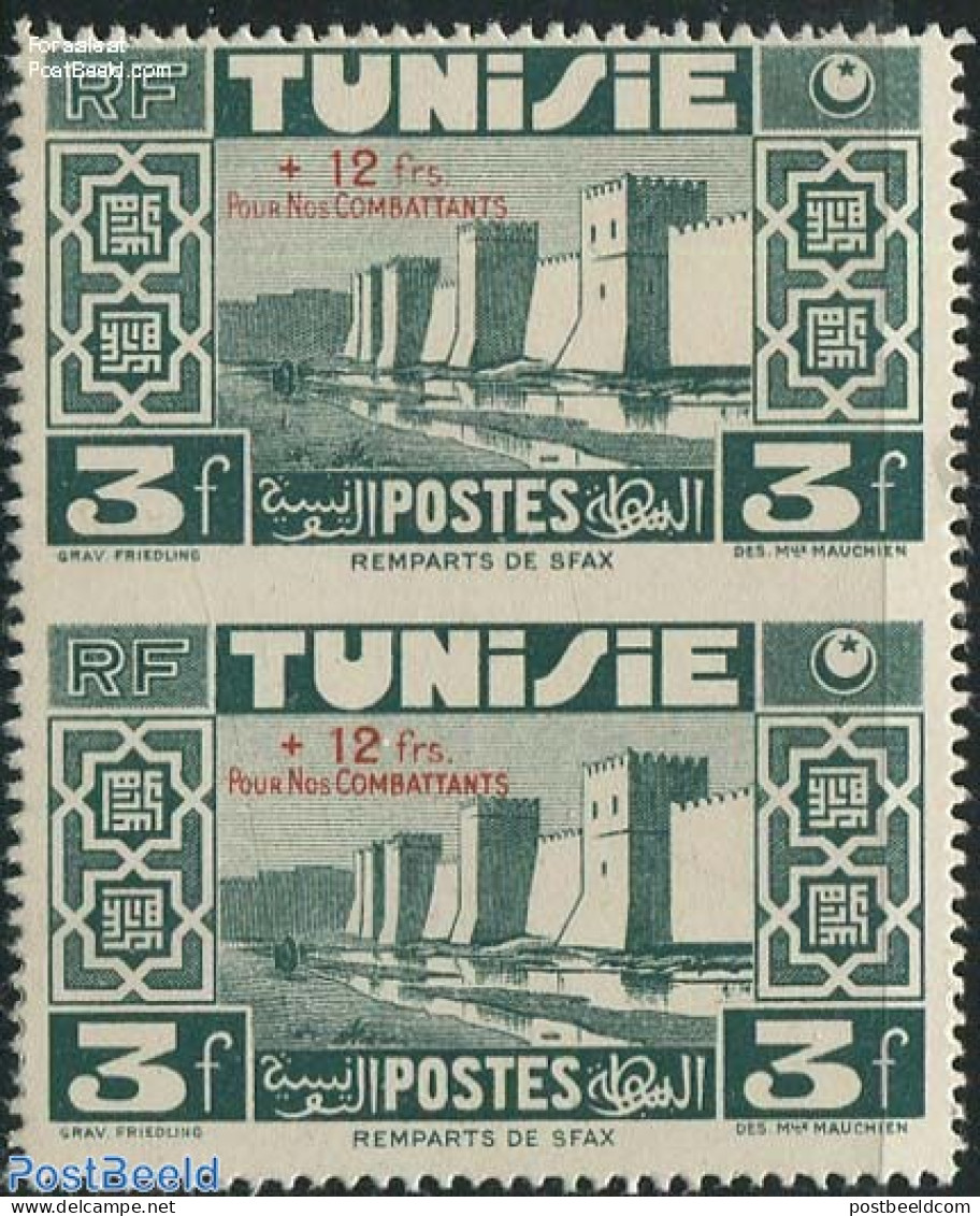 Tunisia 1945 3F+12F, Pair Imperforated In The Centre, Mint NH, Various - Errors, Misprints, Plate Flaws - Art - Castle.. - Fouten Op Zegels