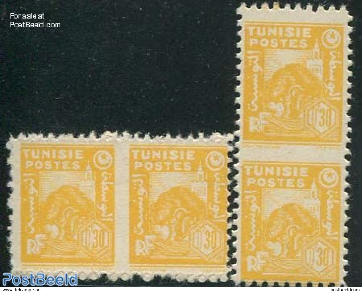 Tunisia 1944 30c Yellow, 2 Pairs Imperforated Between Stamps, Mint NH, Nature - Trees & Forests - Rotary, Lions Club