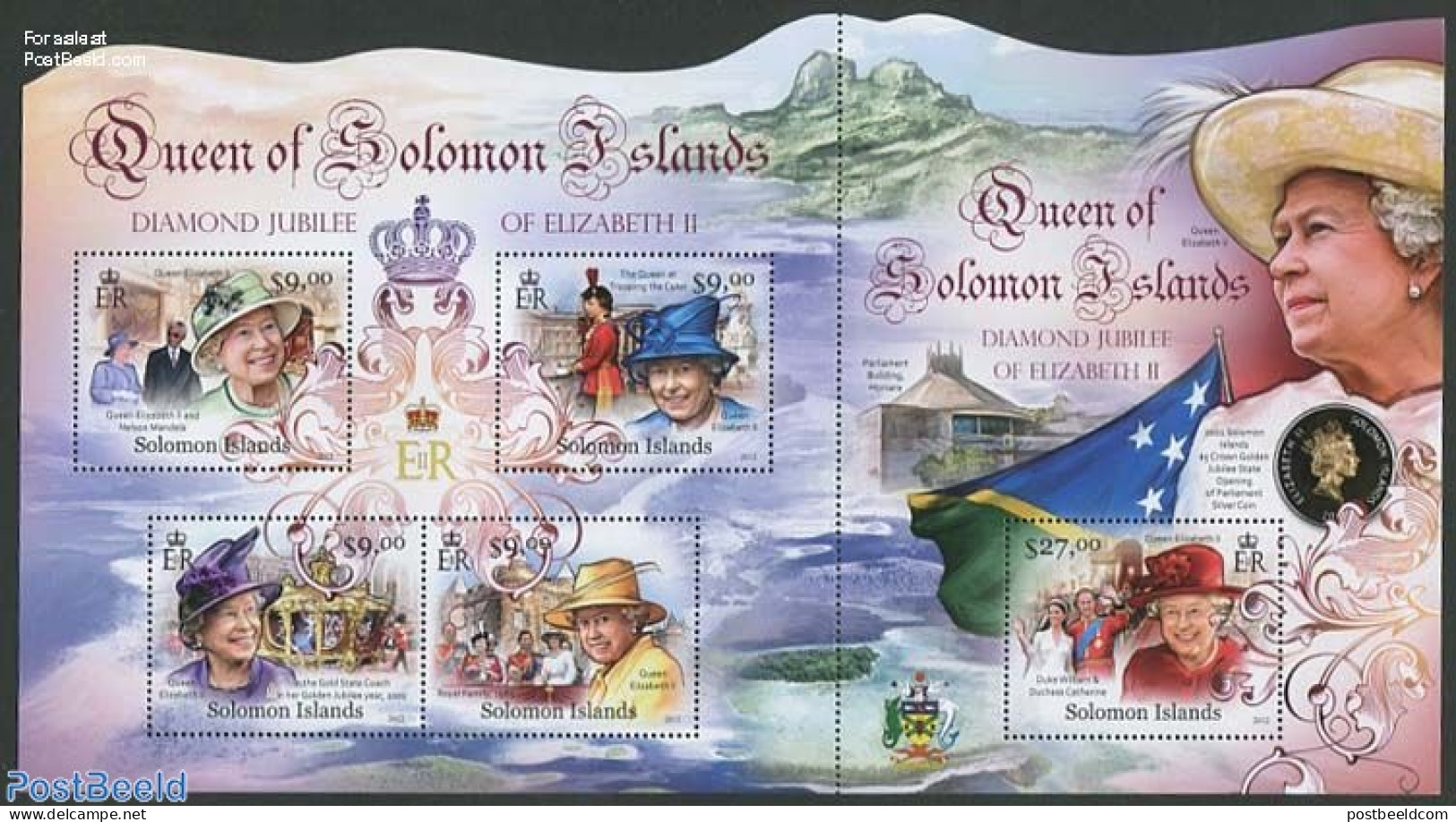 Solomon Islands 2012 Elizabeth II Diamond Jubilee 5v M/s, Mint NH, History - Solomon Islands (1978-...)