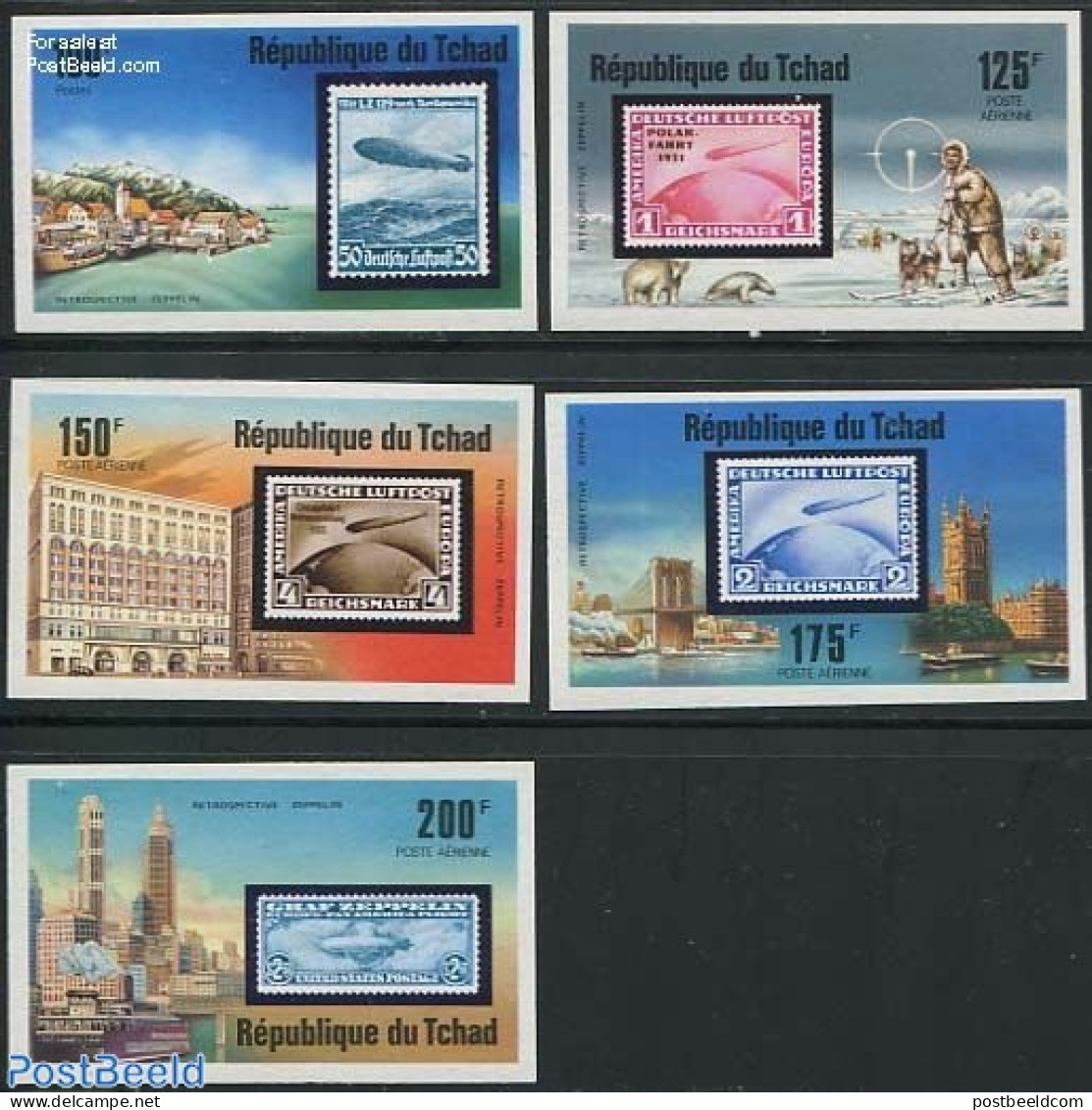 Chad 1977 Zeppelins 5v Imperforated, Mint NH, Nature - Science - Transport - Dogs - The Arctic & Antarctica - Stamps O.. - Other & Unclassified