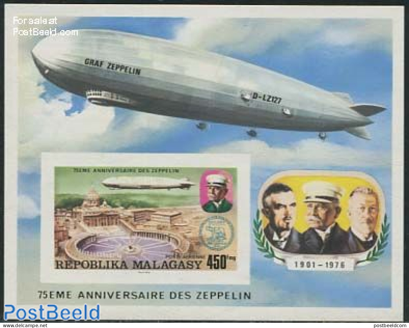 Madagascar 1976 Zeppelin S/s Imperforated, Mint NH, Transport - Zeppelins - Zeppelin