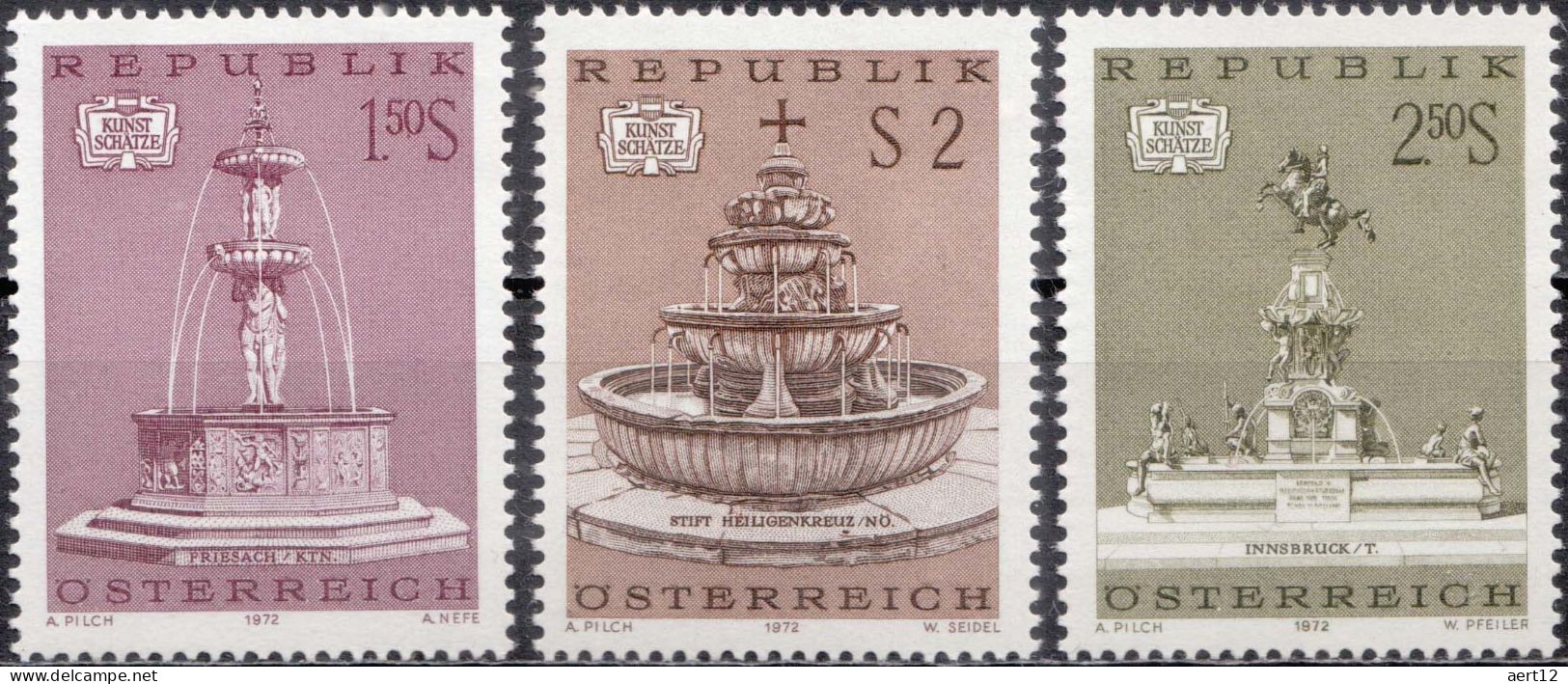 1972, Austria, Art Objects, Art, Fountains, Monasteries, Sculptures, Statues, MNH(**), Mi: 1382-1384 - Unused Stamps