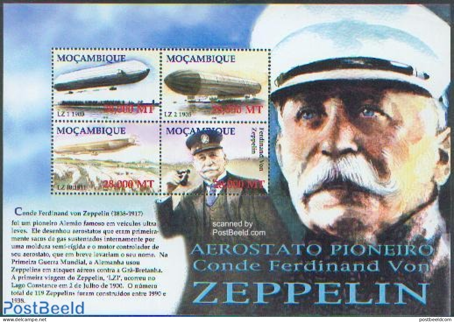 Mozambique 2002 Zeppelin 4v M/s, Mint NH, Transport - Zeppelins - Zeppelins