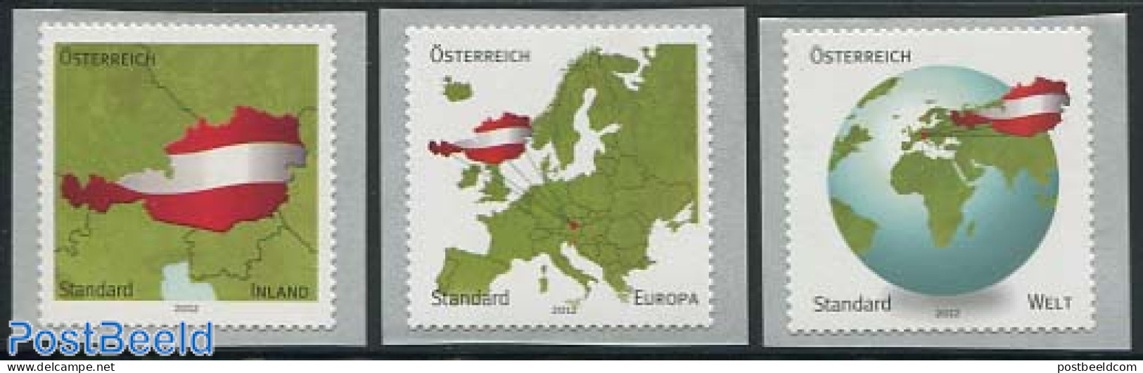 Austria 2012 Domestic/Europe/World 3v S-a, Mint NH, Various - Maps - Ongebruikt