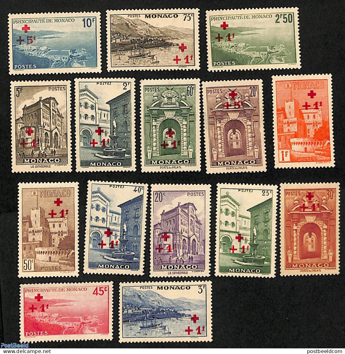 Monaco 1940 Red Cross Overprints 15v, Mint NH, Health - Red Cross - Unused Stamps