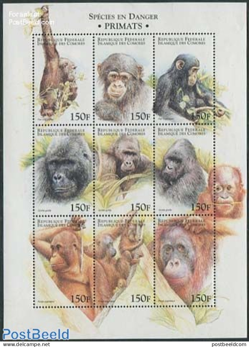 Comoros 1999 Monkeys 9v M/s, Mint NH, Nature - Animals (others & Mixed) - Monkeys - Isole Comore (1975-...)