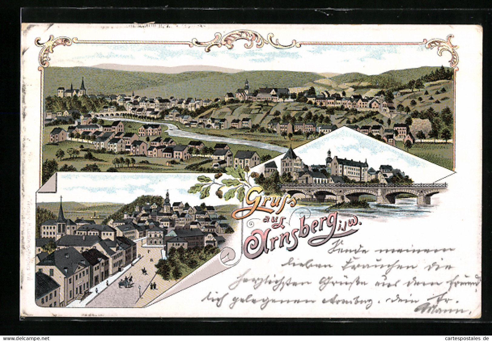 Lithographie Arnsberg I. W., Teilansicht, Brücke, Strassenpartie  - Arnsberg