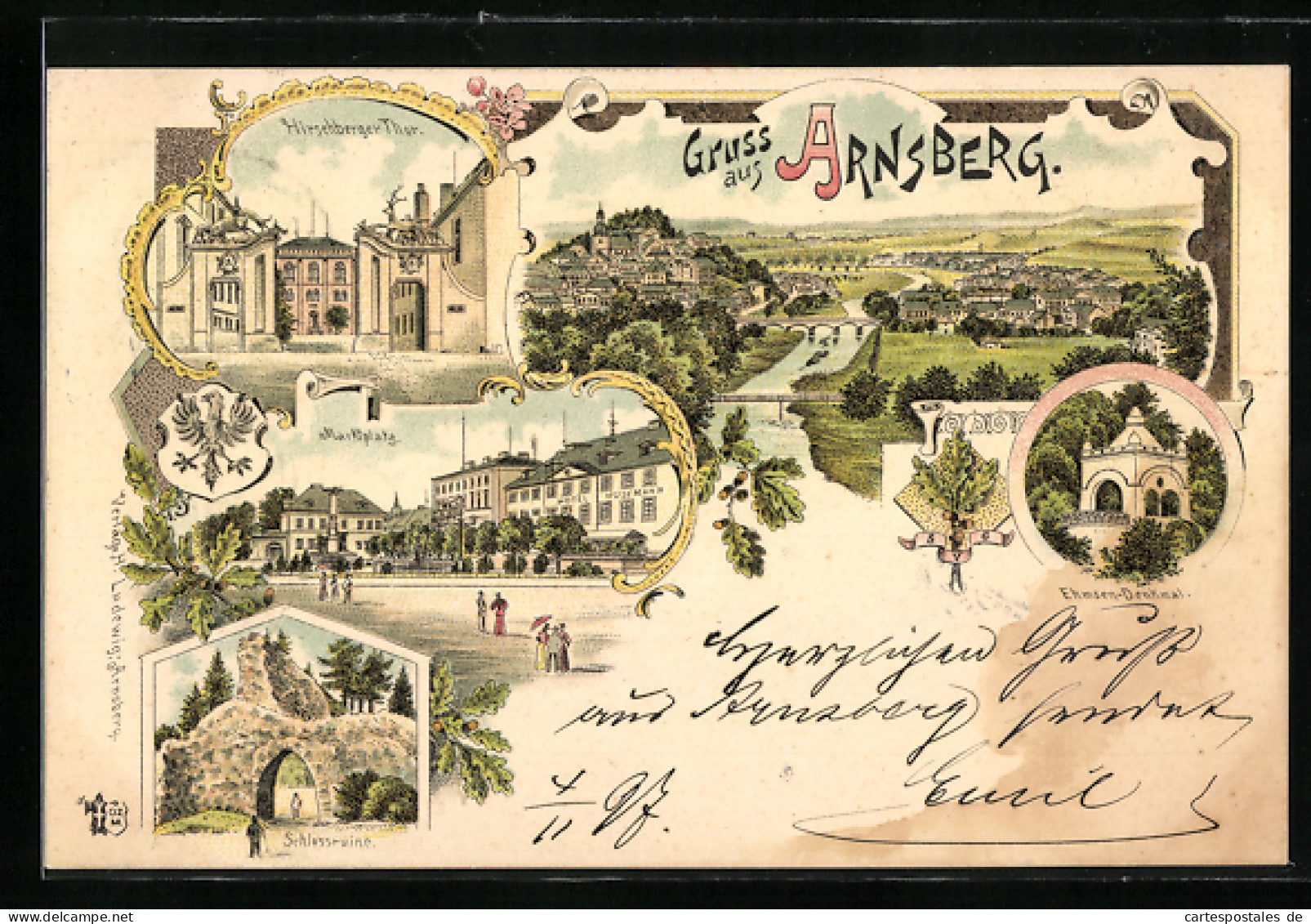 Lithographie Arnsberg / Westf., Marktplatz Mit Hotel Husemann, Hirschberger Thor  - Arnsberg