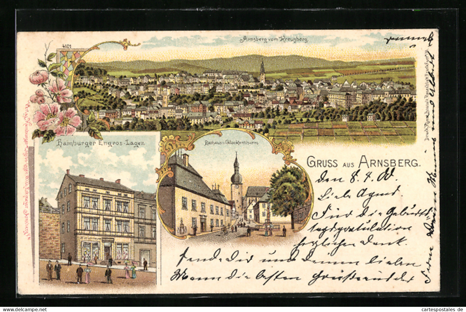 Lithographie Arnsberg / Westf., Hamburger Engros-Lage, Rathaus U. Glockenturm, Ortsansicht  - Lage