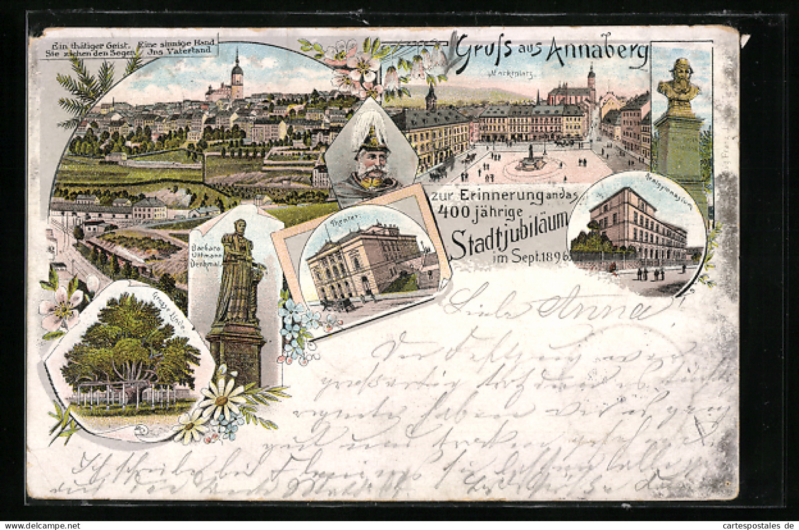 Lithographie Annaberg / Erzg., Festpostkarte Zum 400jährigen Stadtjubiläum 1896  - Teatro