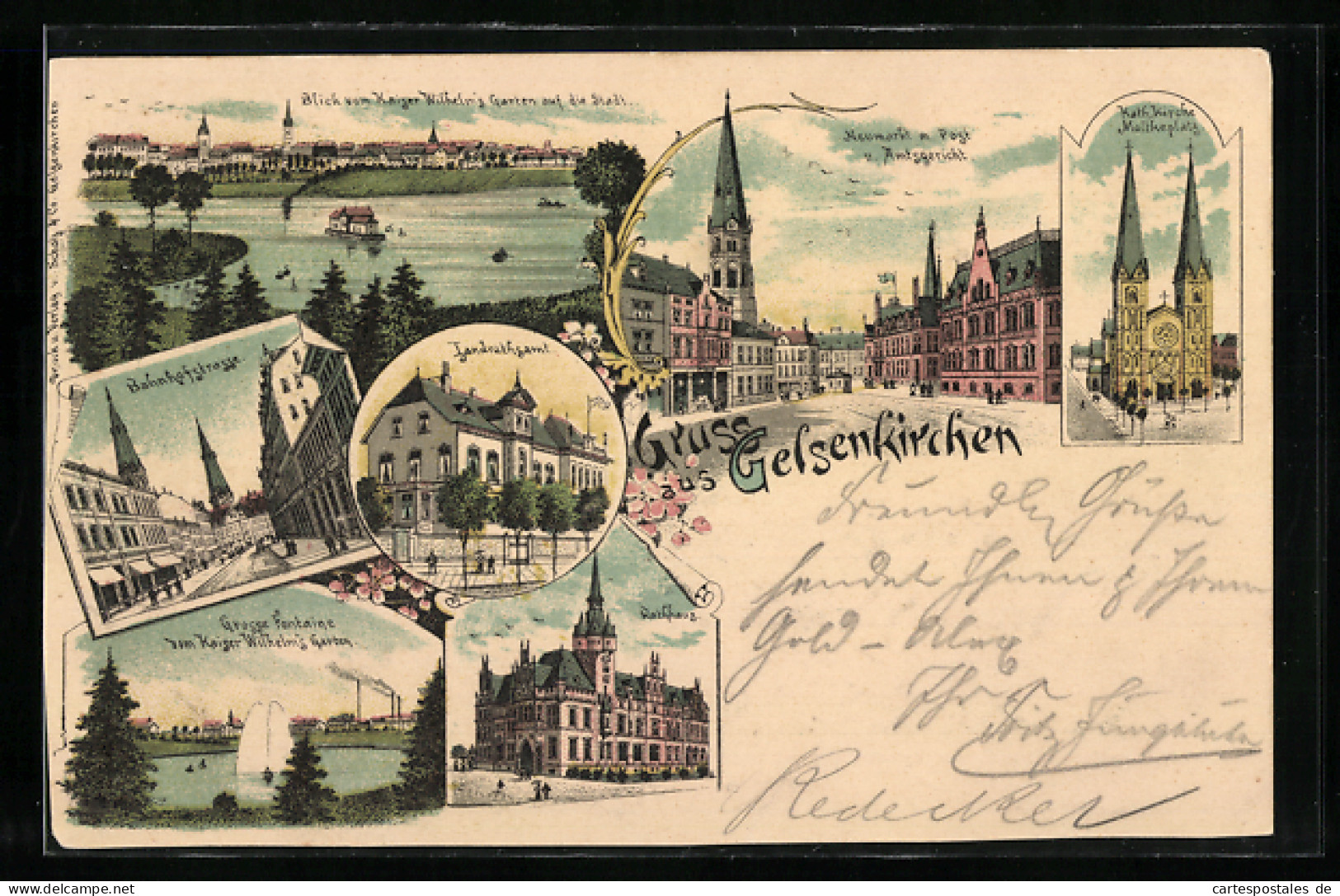Lithographie Gelsenkirchen, In Der Bahnhofstrasse, Kath. Kirche Am Moltkeplatz, Blick Vom Kaiser Wilhelm`s Garten  - Gelsenkirchen