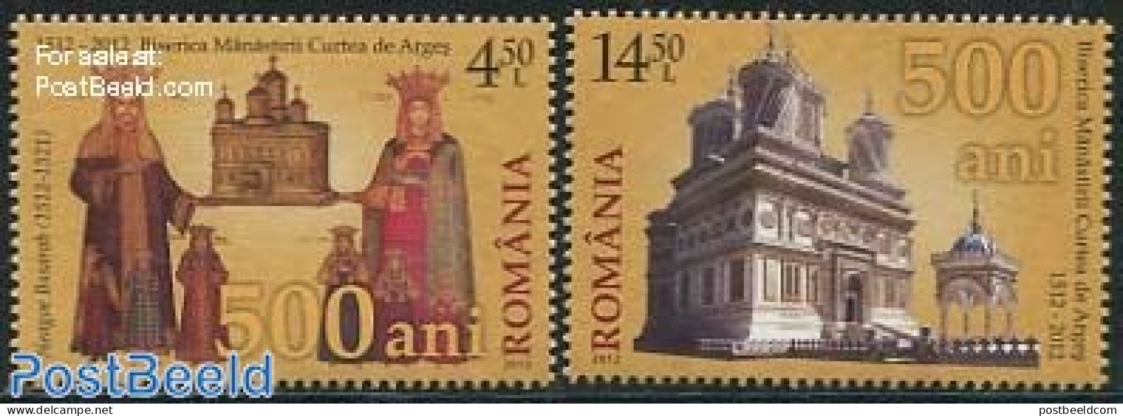Romania 2012 500 Years Curtea De Arges 2v, Mint NH, Religion - Churches, Temples, Mosques, Synagogues - Cloisters & Ab.. - Nuovi