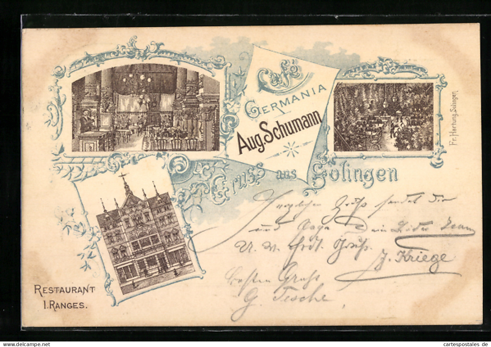 Lithographie Solingen, Cafe Germania V. Aug. Schumann, Aussen- Und Innenansicht  - Solingen