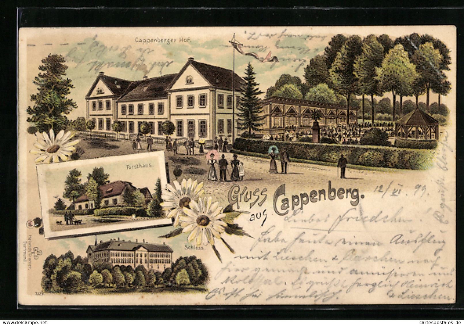 Lithographie Cappenberg, Gasthaus Cappenberger Hof, Forsthaus Schloss  - Jacht