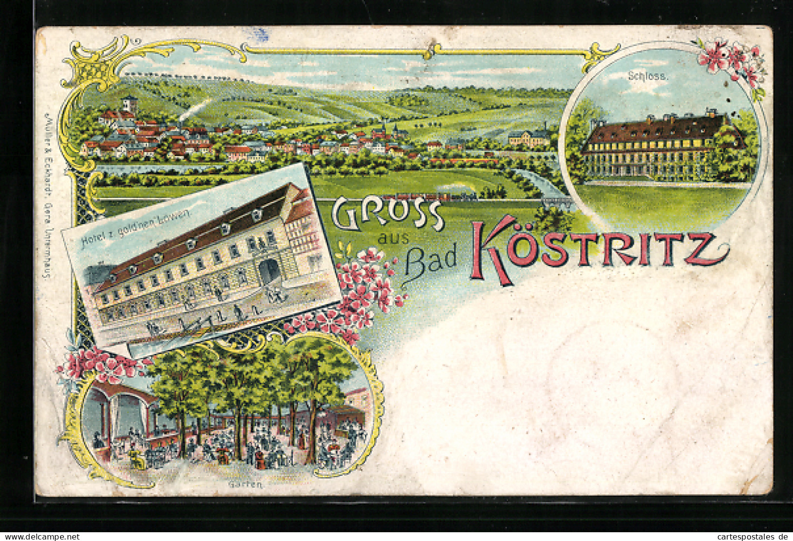 Lithographie Köstritz, Hotel Zum Gold`nen Löwen, Schloss  - Bad Koestritz