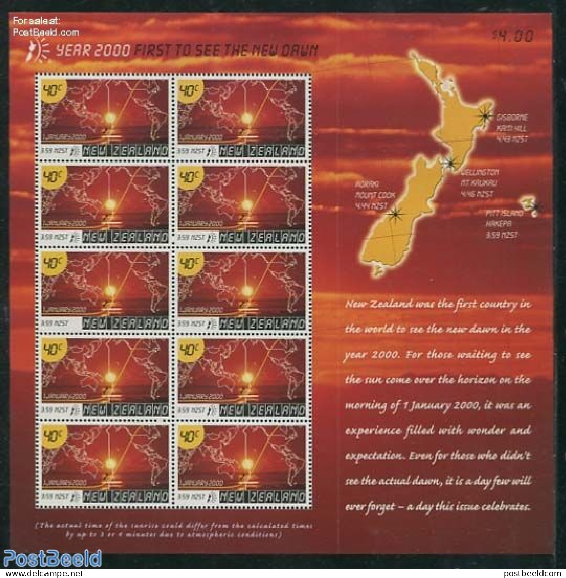 New Zealand 2000 Sunrise M/s, Mint NH, Various - Maps - New Year - Ongebruikt