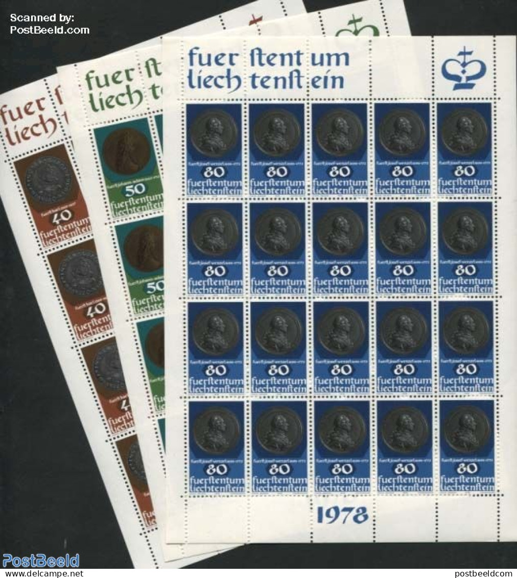 Liechtenstein 1978 Coins & Medals 3 M/ss, Mint NH, Various - Money On Stamps - Ongebruikt