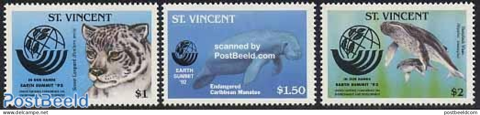 Saint Vincent 1992 UNCED 3v, Mint NH, Nature - Animals (others & Mixed) - Cat Family - Environment - Sea Mammals - Protection De L'environnement & Climat