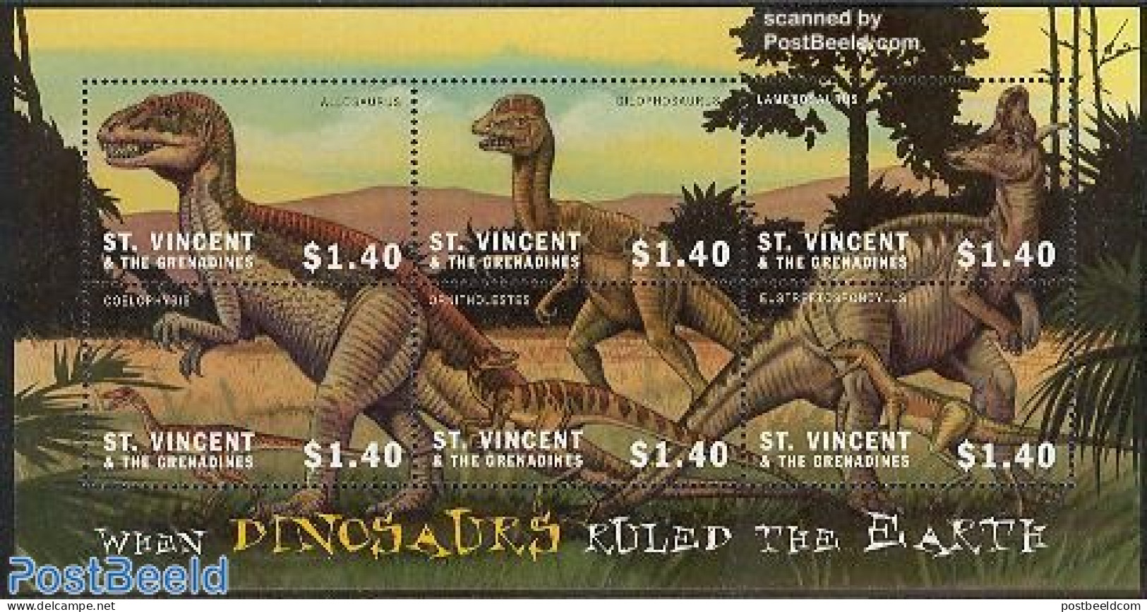 Saint Vincent 2001 Preh. Animals 6v M/s, Allosaurus+, Mint NH, Nature - Prehistoric Animals - Préhistoriques