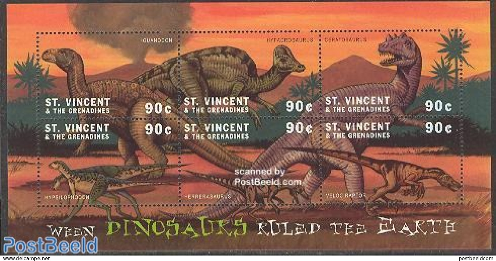 Saint Vincent 2001 Preh. Animals 6v M/s, Iguanodon+, Mint NH, Nature - Prehistoric Animals - Préhistoriques