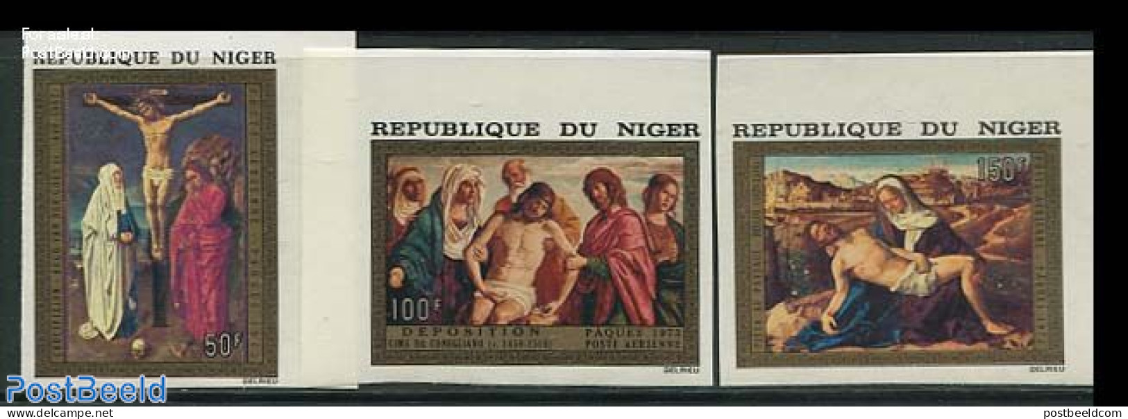 Niger 1976 Easter 3v, Imperforated, Mint NH, Religion - Religion - Art - Paintings - Niger (1960-...)