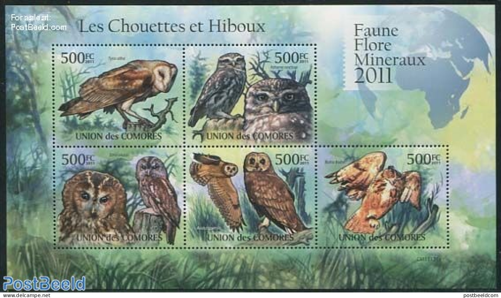 Comoros 2011 Owls 5v M/s, Mint NH, Nature - Birds - Birds Of Prey - Owls - Isole Comore (1975-...)