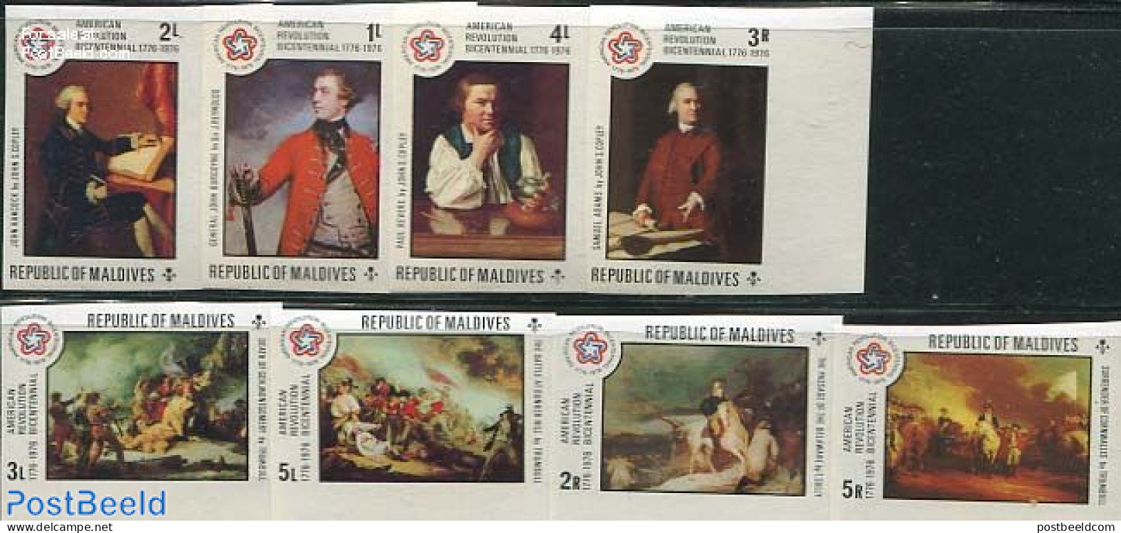Maldives 1976 US Independence 8v, Imperforated, Mint NH, History - US Bicentenary - Art - Paintings - Malediven (1965-...)