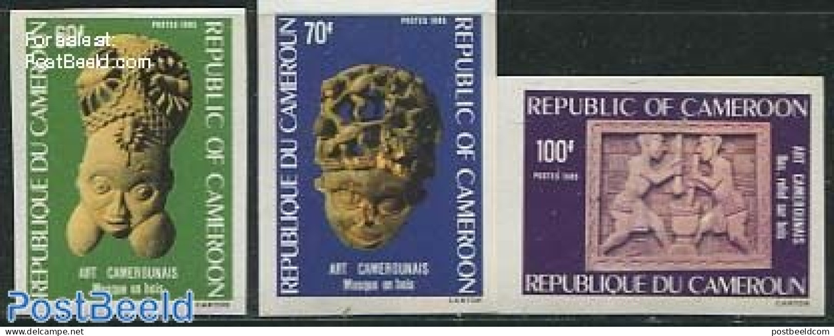 Cameroon 1985 Art 3v, Imperforated, Mint NH, Art - Art & Antique Objects - Handicrafts - Kamerun (1960-...)