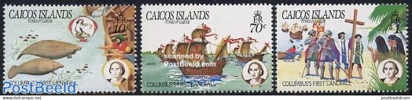 Turks And Caicos Islands 1992 Discovery Of America 3v, Mint NH, History - Nature - Transport - Explorers - Sea Mammals.. - Exploradores