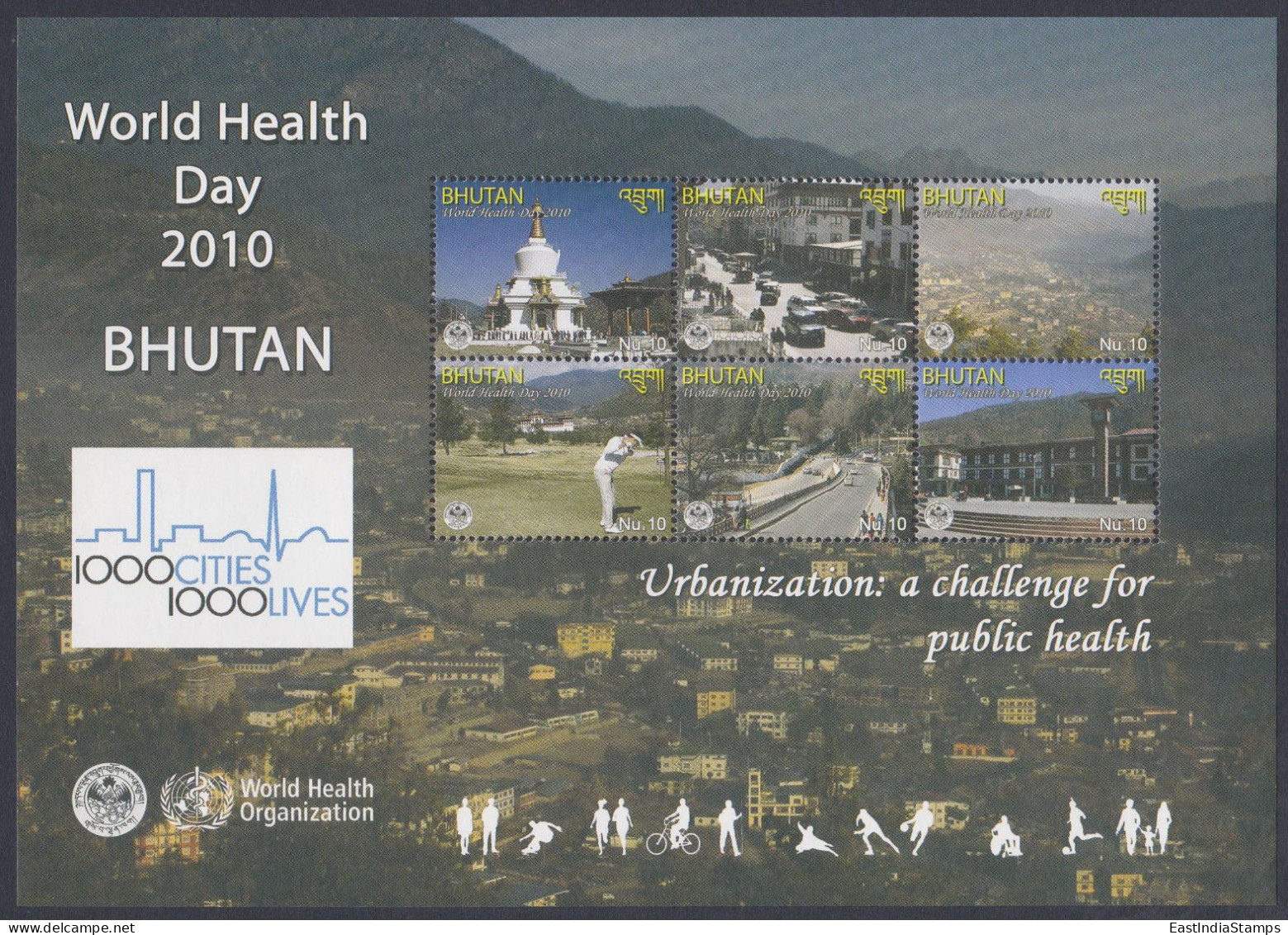 Bhutan 2010 MNH MS World Health Day, Golf, Temple, Car, Cars, Mountain, Mountains, WHO, Miniature Sheet - Bhután