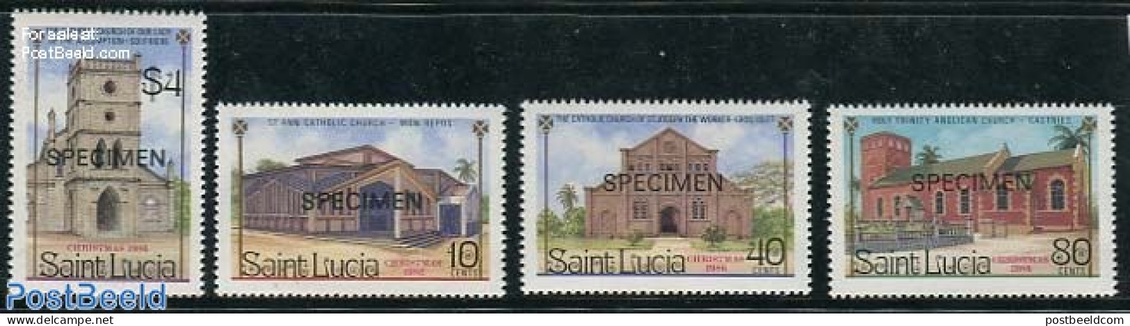 Saint Lucia 1986 Christmas 4v, SPECIMEN, Mint NH, Religion - Christmas - Churches, Temples, Mosques, Synagogues - Noël