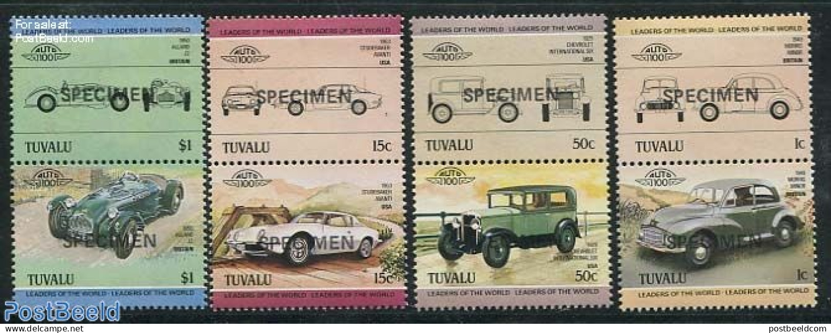 Tuvalu 1984 Automobiles 4x2v, SPECIMEN, Mint NH, Transport - Automobiles - Autos