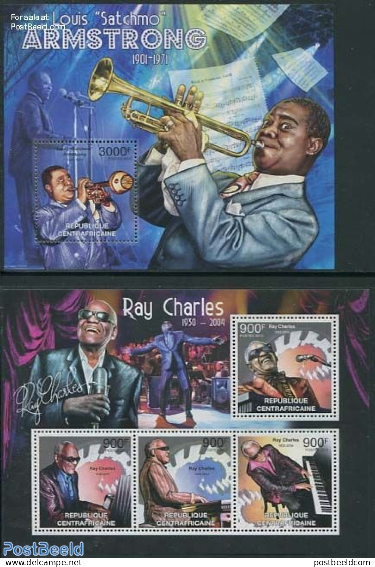 Central Africa 2012 Ray Charles, Louis Armstrong, Piano, Trumpet 2 S/s, Mint NH, Performance Art - Musical Instruments.. - Music
