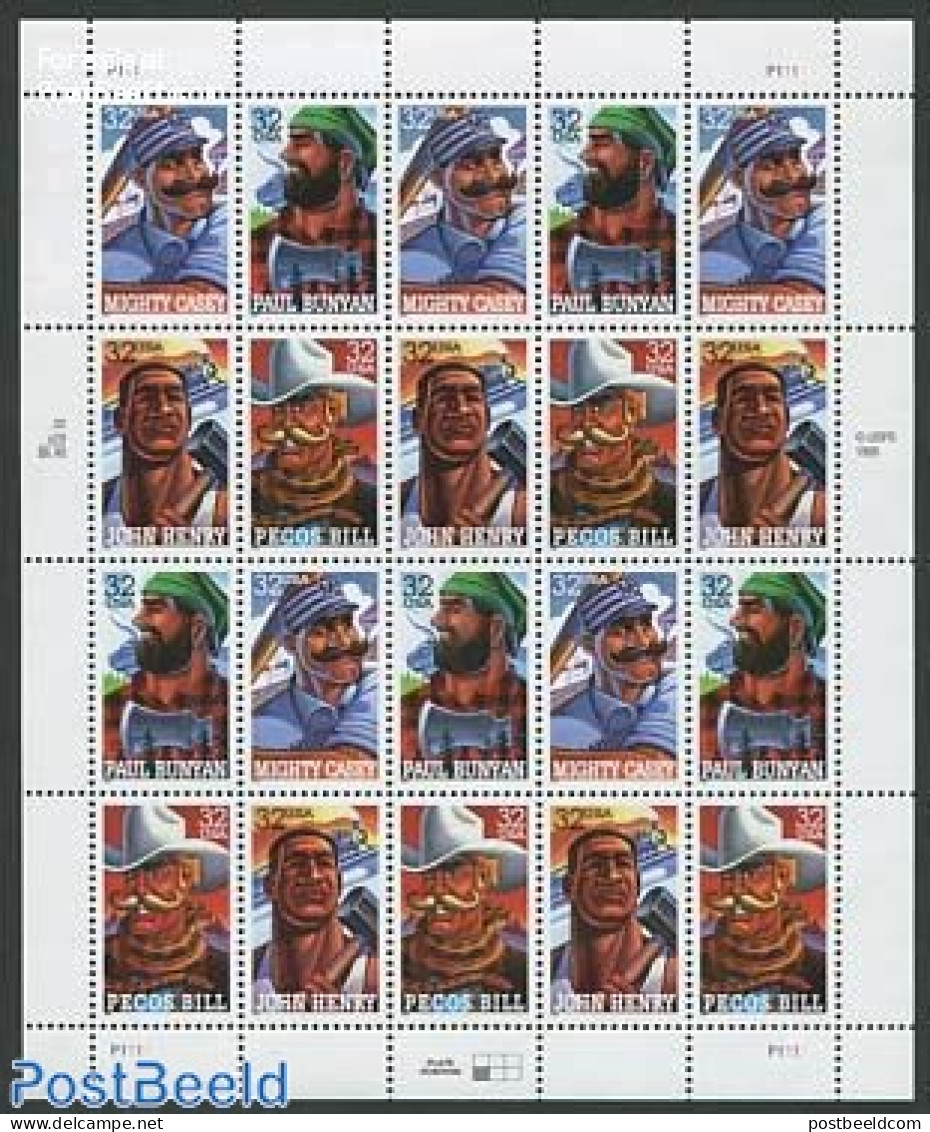 United States Of America 1996 Folk Heroes M/s, Mint NH, Nature - Sport - Transport - Snakes - Baseball - Railways - Unused Stamps