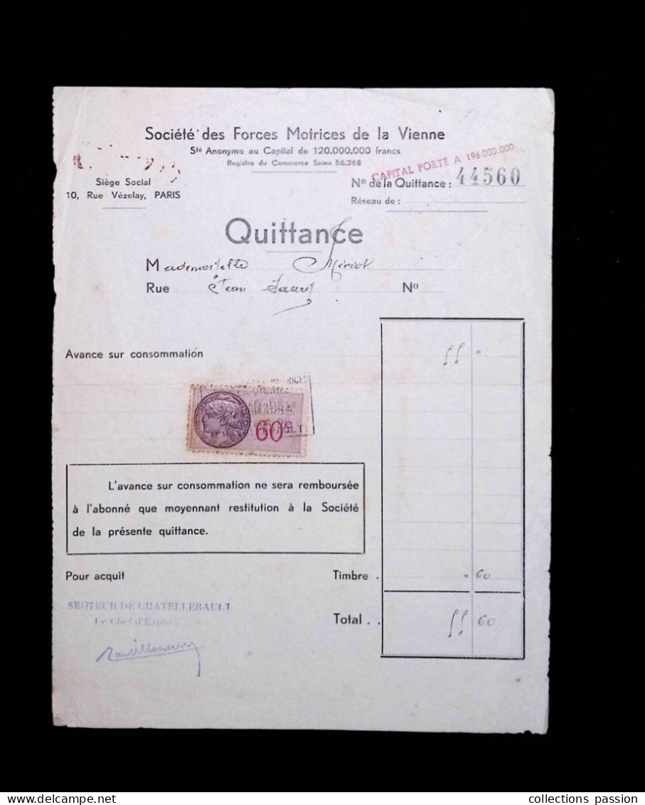 Quittance, Société Des Forces Motrices De La Vienne, 1944, Secteur De Chatellerault, Frais Fr 1.85 E - 1900 – 1949