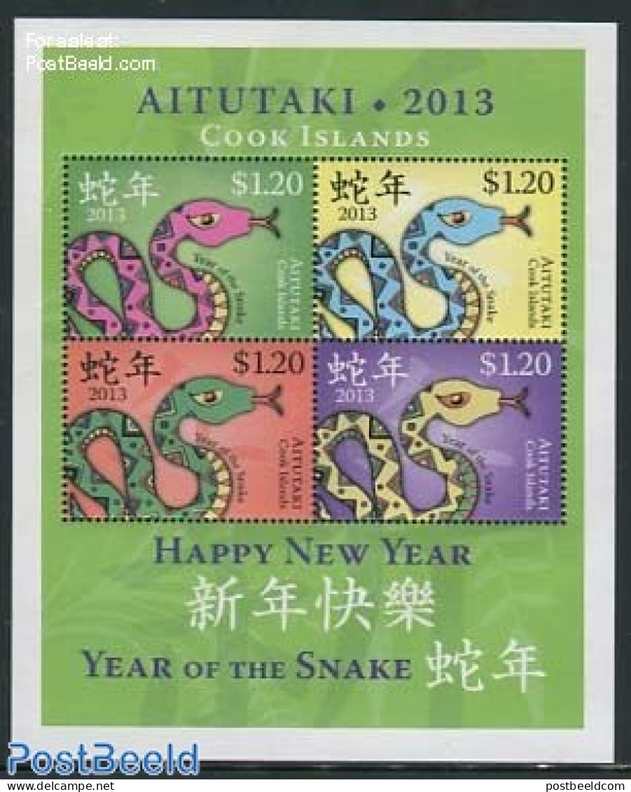 Aitutaki 2013 Year Of The Snake S/s, Mint NH, Nature - Various - Snakes - New Year - Anno Nuovo
