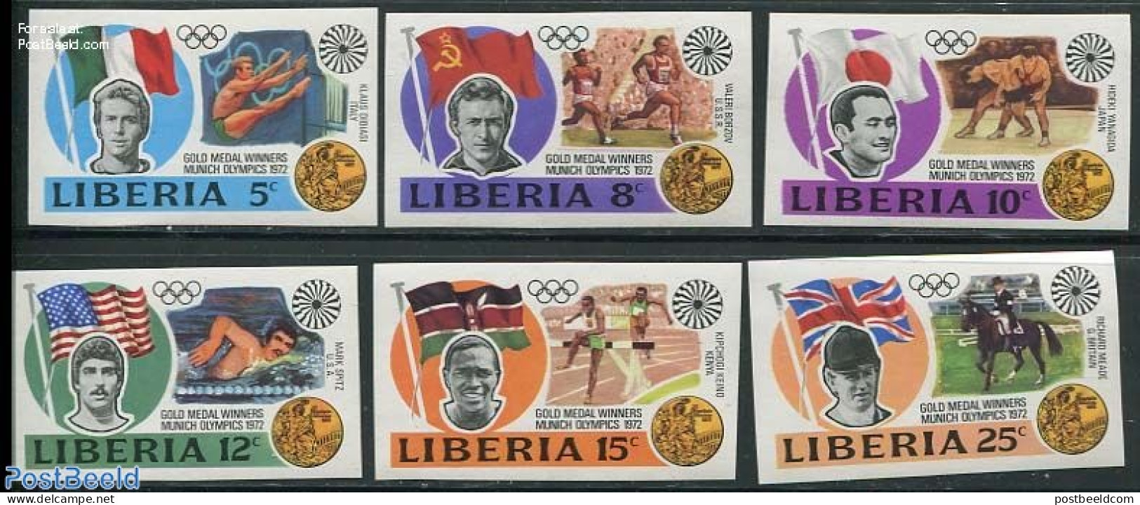 Liberia 1973 Olympic Medal Winners 6v, Imperforated, Mint NH, Nature - Sport - Horses - Athletics - Olympic Games - Sw.. - Athletics