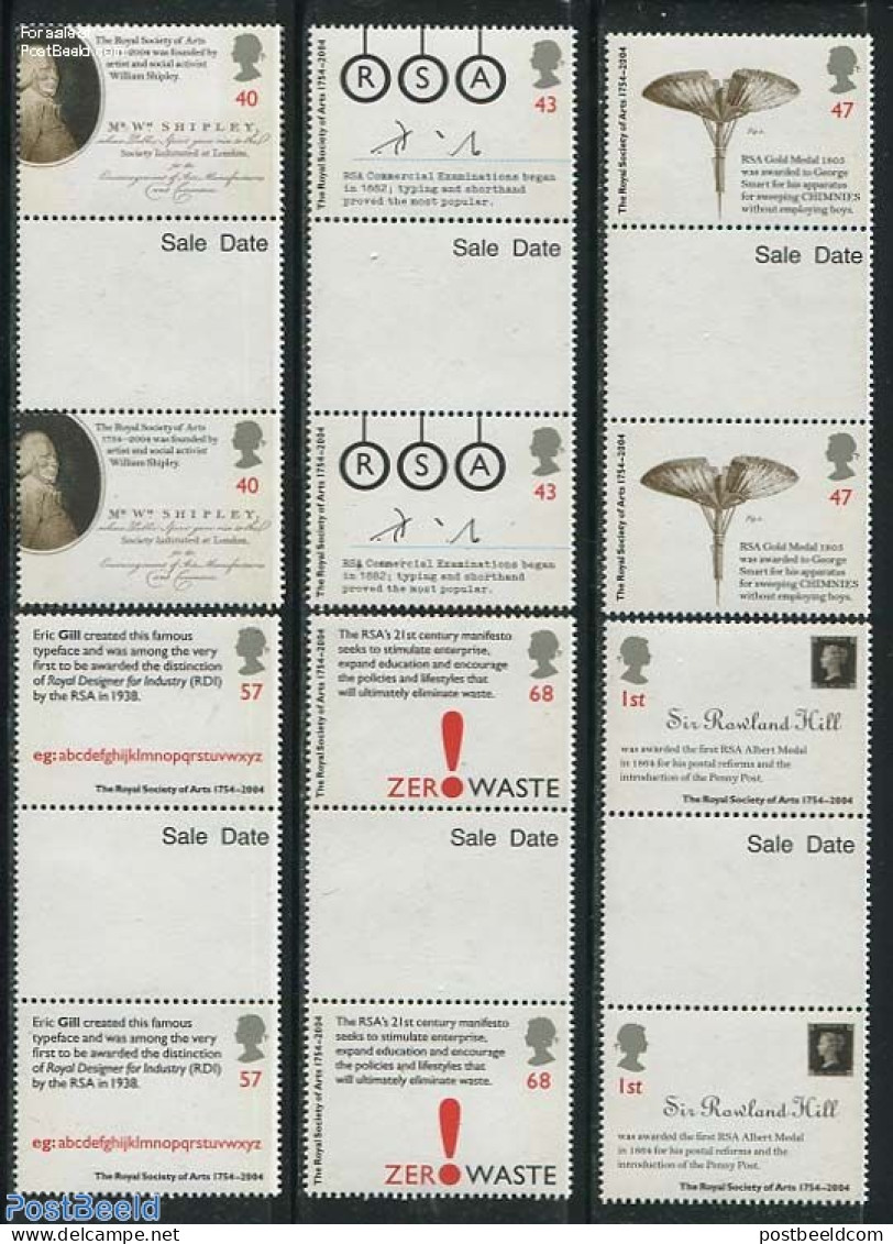 Great Britain 2004 Royal Soc. Of Arts 6v, Gutter Pairs, Mint NH, Nature - Stamps On Stamps - Ongebruikt