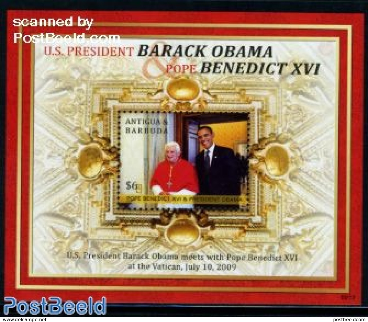 Antigua & Barbuda 2009 Pope & Obama Meeting S/s, Mint NH, History - Religion - American Presidents - Pope - Päpste