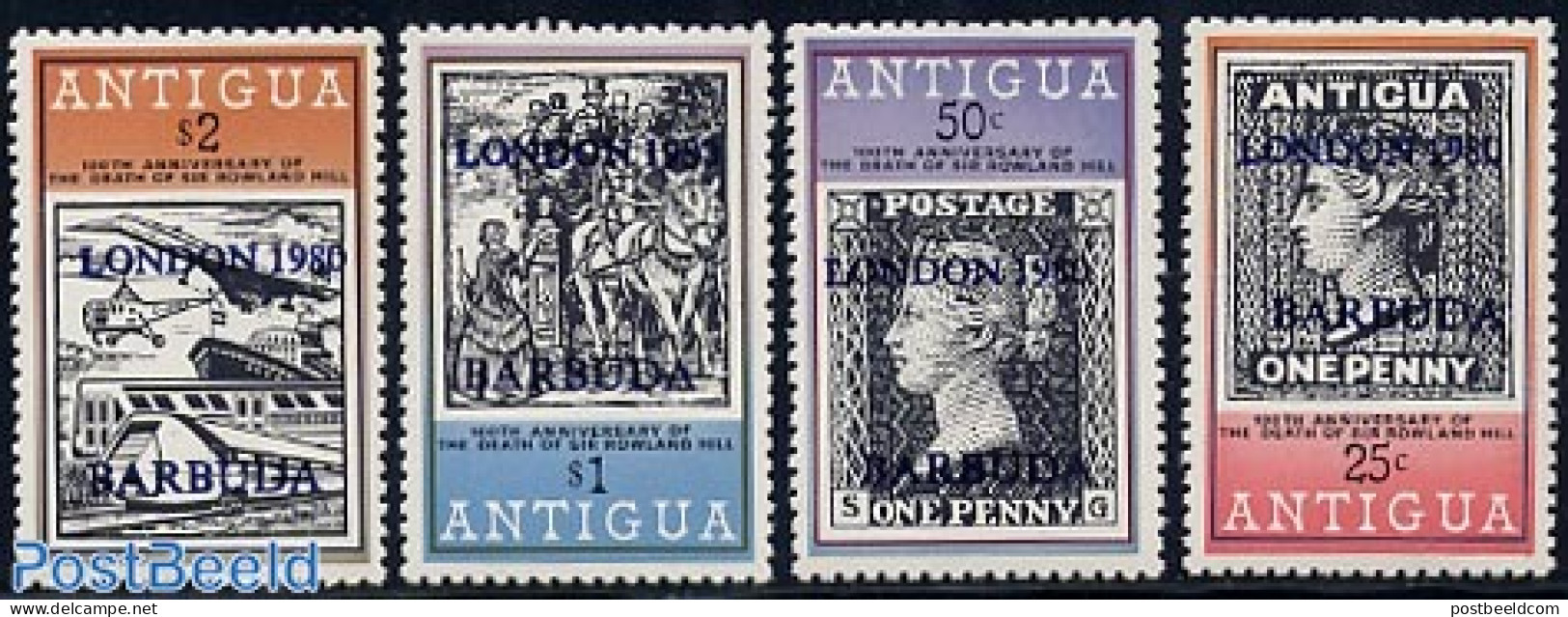 Barbuda 1980 London 1980 4v, Mint NH, Nature - Transport - Horses - Stamps On Stamps - Concorde - Helicopters - Railwa.. - Postzegels Op Postzegels